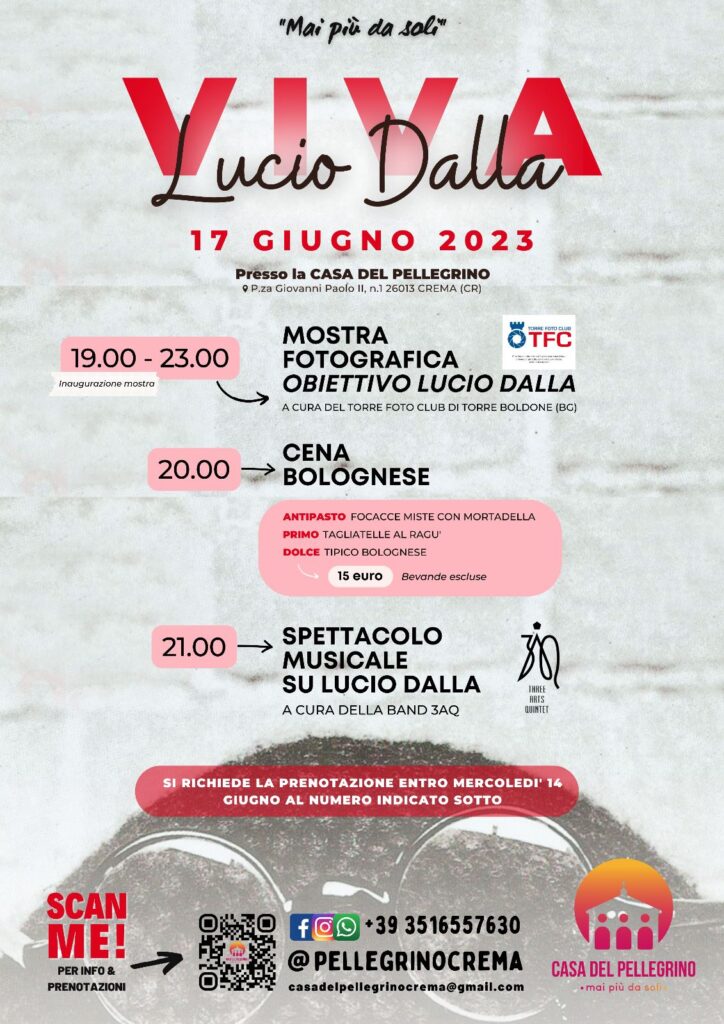 Locandina dell'evento "Viva Lucio Dalla" in programma a Crema il 17giugno 2023.